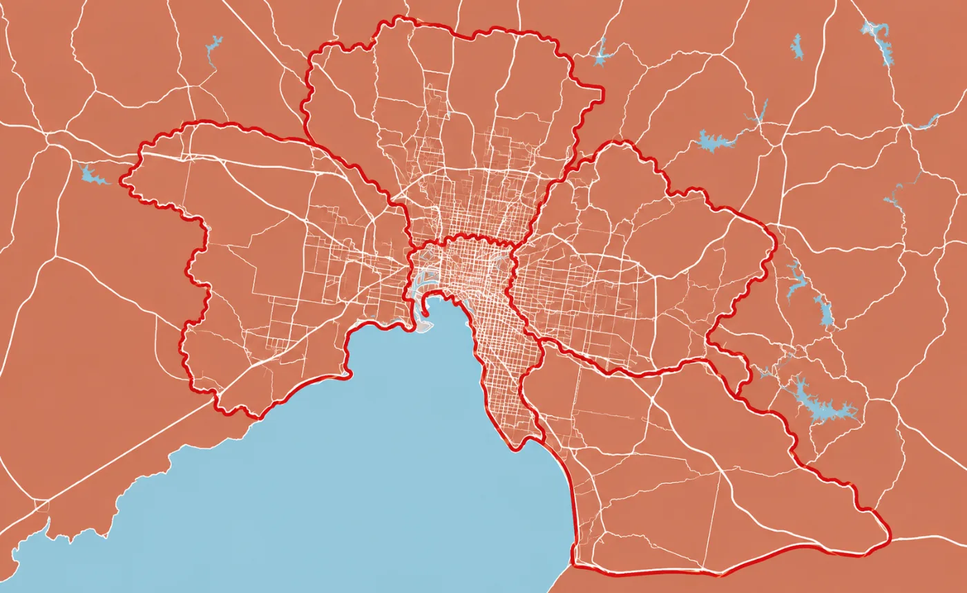 Boundary Co service zone map of Melbourne with five regions outlined in red
